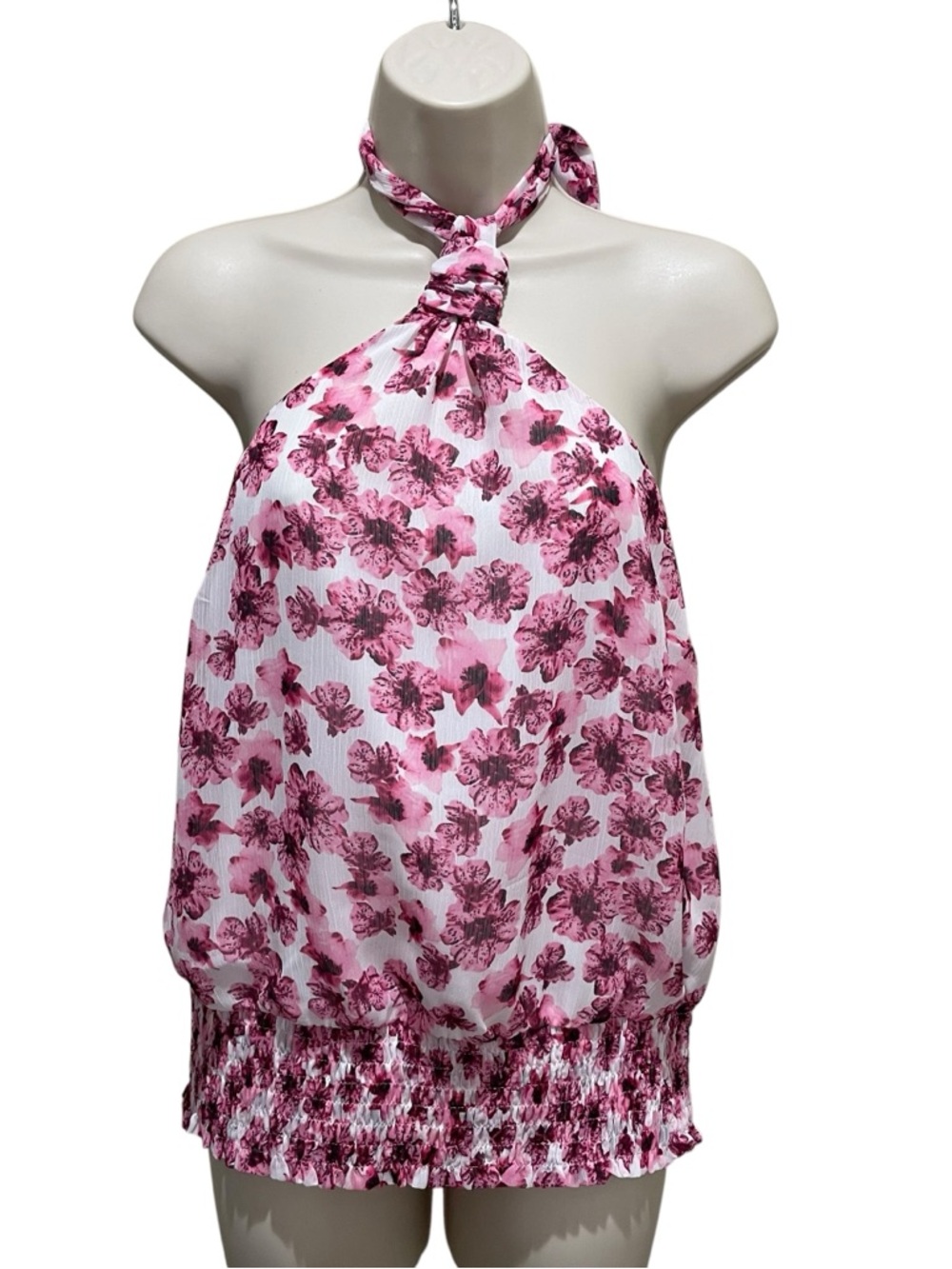 INC International Concepts Floral Halter Smocked Blouse Pink Women Size Medium